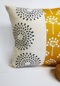 Circular Floral Hand Printed Pillow Paired with Bright Mustard Yellow Dandelion print